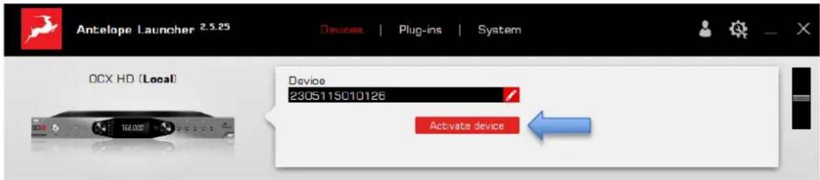 Antelope Launcher 2.5.25 Devices | Plug-ins | System DCX HD (Local) Device 2305115010126 Activate device