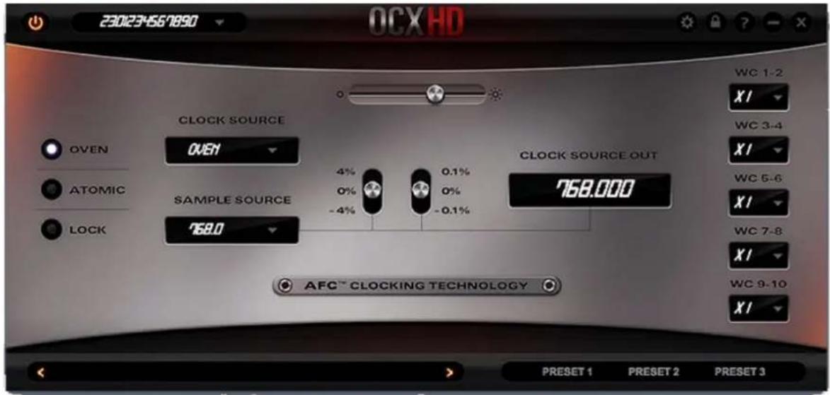 2301234567890 OCX HD CLOCK SOURCE OVEN OVEN ATOMIC SAMPLE SOURCE SAMPLE SOURCE OUT -4% 0% 0% -0.1% 768.000 WC 1-2 XI WC 3-4 XI WC 5-6 XI WC 7-8 XI WC 9-10 XI AFC™ CLOCKING TECHNOLOGY PRESET 1 PRESET 2 PRESET 3