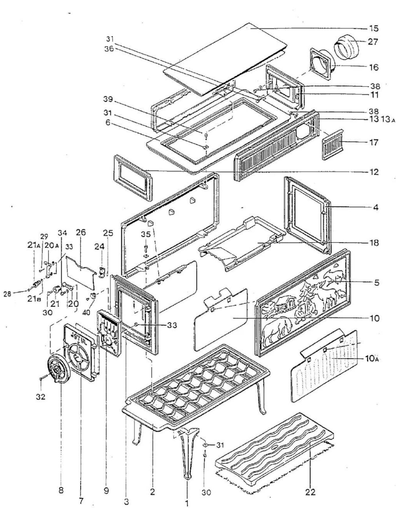 Exploded view diagram of a refrigerator with numbered parts for identification