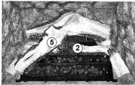 Black-and-white photo of a damaged structure with numbered annotations (2 and 5) pointing to specific components.