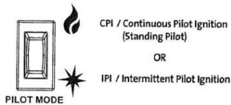 CPI / Continuous Pilot Ignition (Standing Pilot) OR IPI / Intermittent Pilot Ignition PILOT MODE