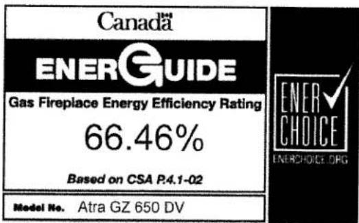 Canada ENERGUIDE Gas Fireplace Energy Efficiency Rating 66.46% Based on CSA P.4.1-02 Model No. Atra GZ 650 DV
