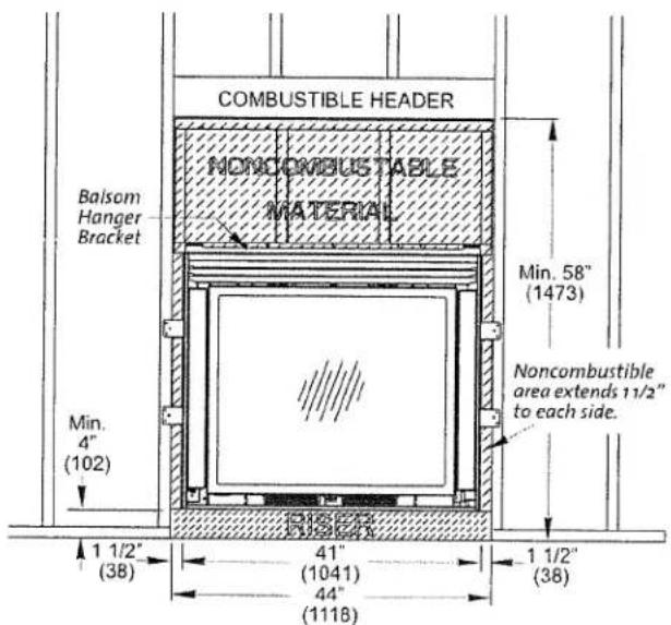 COMBUSTIBLE HEADER NONCOMBUSTABLE MATERIAL Balsom Hanger Bracket Min. 4" (102) RISER 1 1/2" (38) 41" (1041) 44" (1118) Min. 58" (1473) Noncombustible area extends 11/2" to each side. 1 1/2" (38)