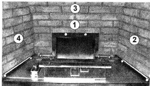 Labeled diagram of a brick furnace or chamber with numbered components, likely for engineering or laboratory purposes.