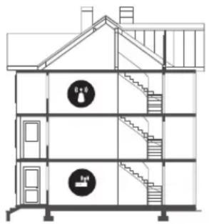 Architectural cross-section diagram of a multi-story building with staircases and stairs (no text or labels)