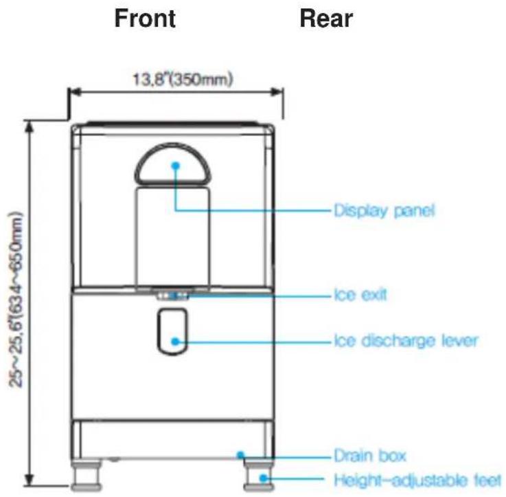 Front 13.8"(350mm) Rear 25~25.6"(634~650mm) Display panel Ice exit Ice discharge lever Drain box Height-adjustable feet
