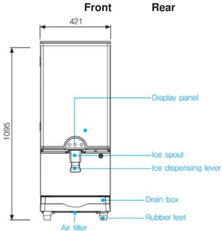 Front 421 Rear Display panel Ice spout Ice dispensing lever Drain box Rubber feet Air filter