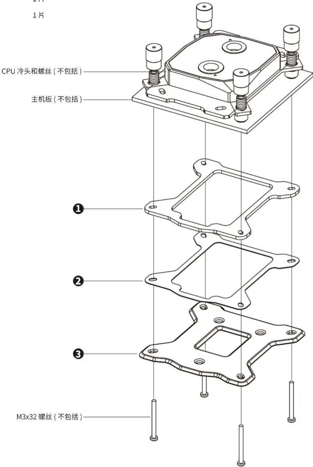 1片 CPU 冷头和螺丝(不包括) 主机板(不包括) ① ② ③ M3x32 螺丝(不包括)