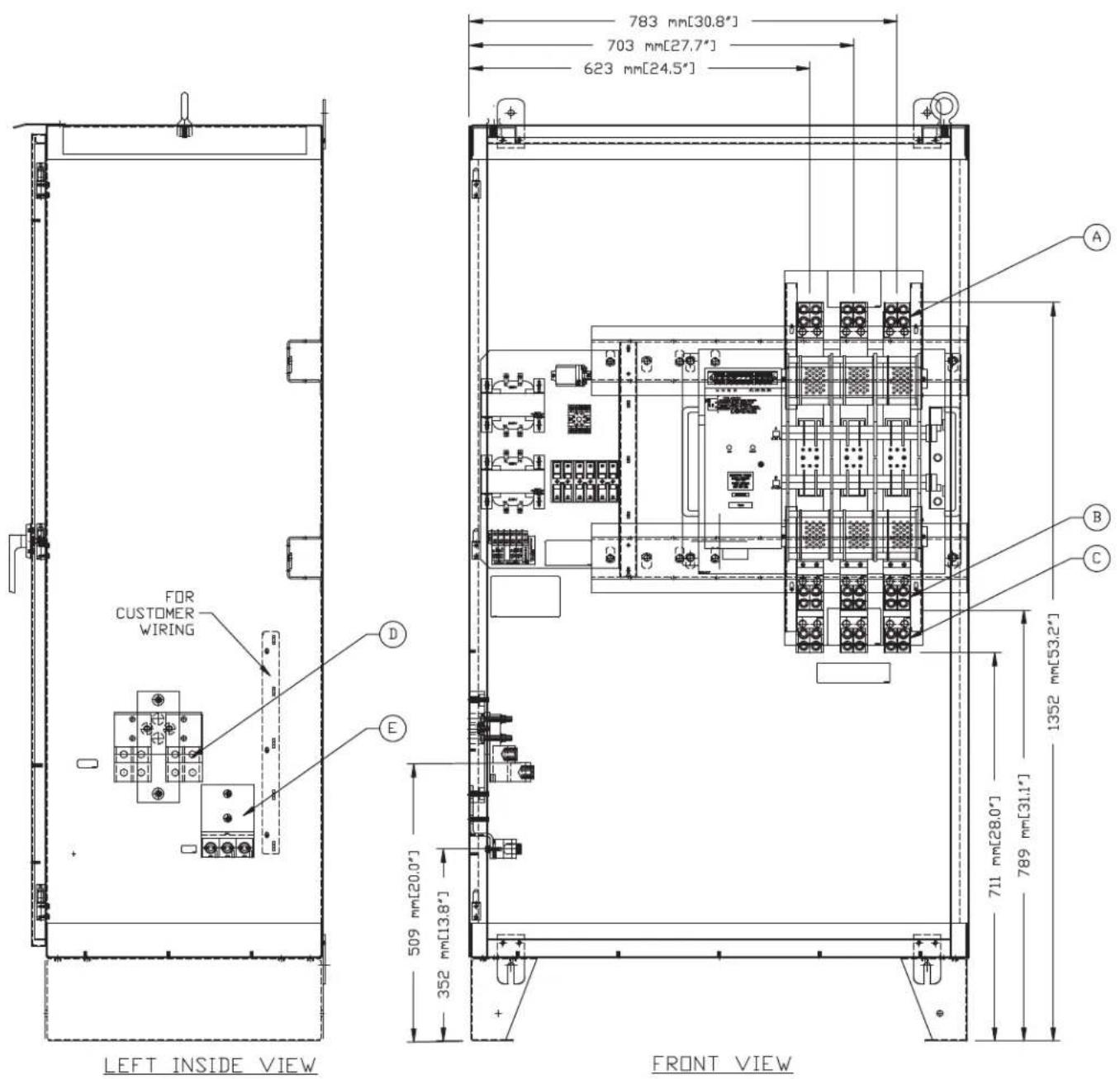 783 mm[30.8°] 703 mm[27.7°] 623 mm[24.5°] A B C 1352 mm[53.2°] 711 mm[28.0°] 789 mm[31.1°] 509 mm[20.0°] 352 mm[13.8°] E FOR CUSTOMER WIRING LEFT INSIDE VIEW FRONT VIEW