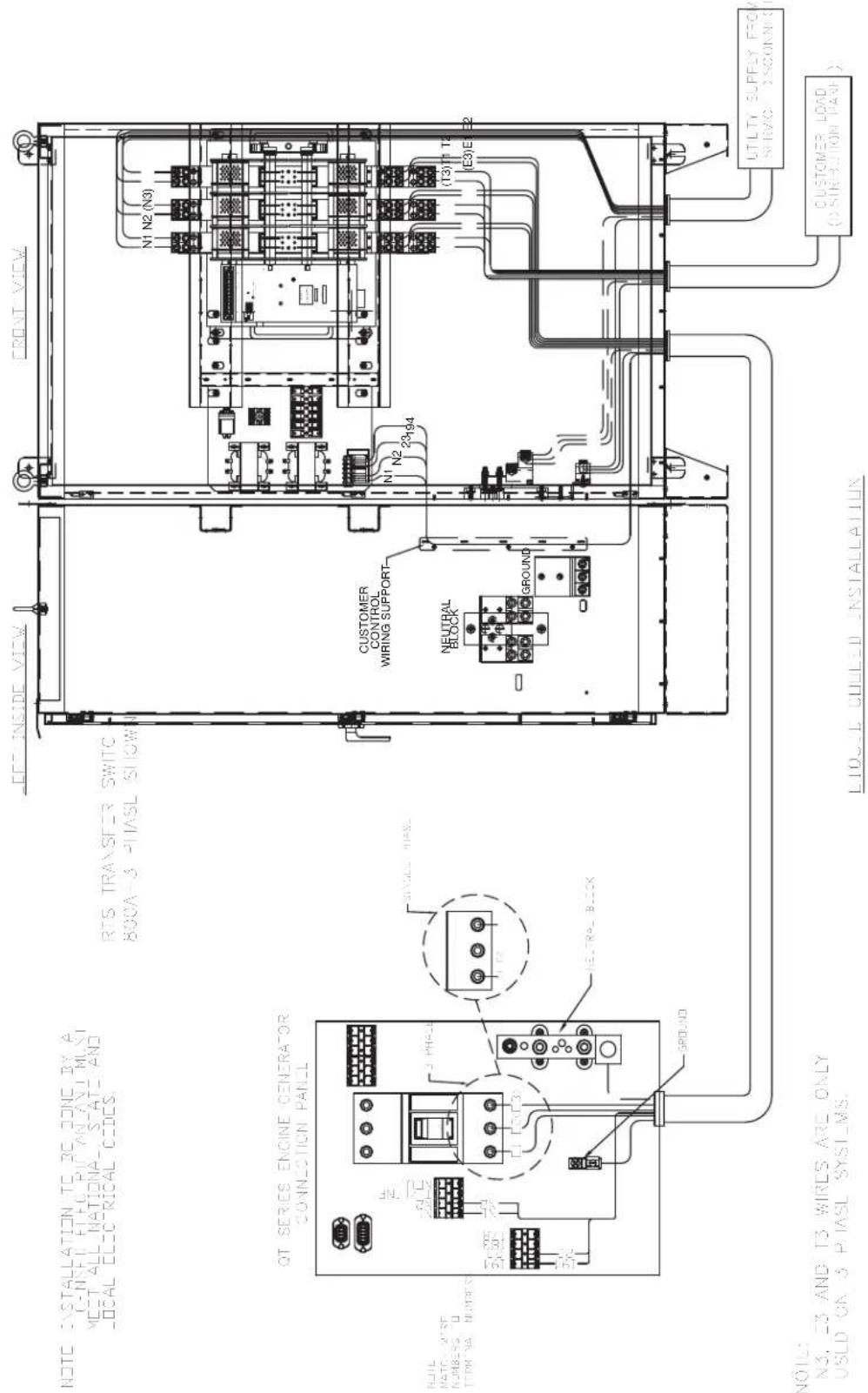 NOTE INSTALLATION TO BE DONE BY A C-NFE1 FTH-PU AN AND MUST MEET ALL NATIONAL, STATE AND LOCAL ELECTRICAL CODES. RTS TRANSFER SWITCH 800A-3 PHASL SHOWN QT SERIES ENGINE GENERATOR CONNECTION PANEL TITLE NATC-WIRE NUMBERS TO TERNA NUMBERS 2.5V 2.5V 2.5V 2.5V 2.5V 2.5V 2.5V 2.5V 2.5V 2.5V 2.5V 2.5V 2.5V 2.5V 2.5V 2.5V 2.5V 2.5V 2.5V 2.5V 2.5GND NEUTRAL BLOCK SINGLE WIRE NEUTRAL BLOCK GROUND CUSTOMER CONTROL WIRING SUPPORT- N1 N2 (N3) N1 N2 (N3) 23194 (3) T1 T2 (E3) E 2 UTILITY SUPPLY FROM SHW/O DISCONN: CUSTOMER LOAD (DISICTION PANEL) NOTE: N3, 23 AND T3 WIRES ARE ONLY USLD ON & P IASL SYSI_MS. TLOOL COLD INSTALLATION