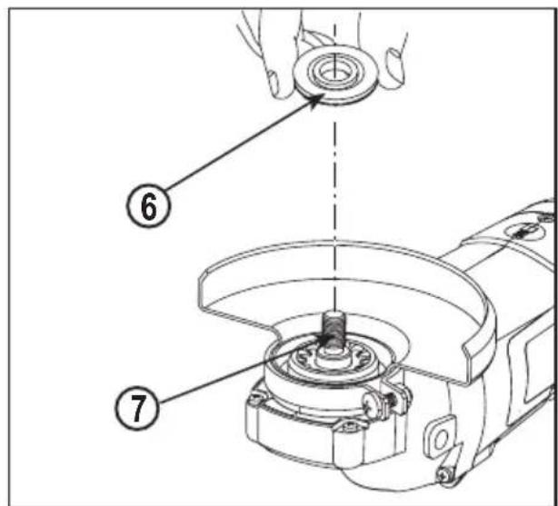 Technical diagram showing a hand operating a workpiece with labeled parts 6 and 7, including a circular component and mechanical components.