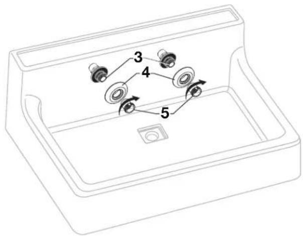 Technical diagram of a sink with numbered components and directional arrows indicating movement or assembly.