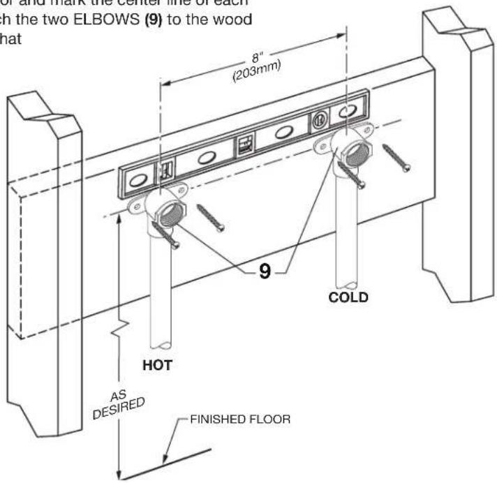 or and mark the center line of each with the two ELBOWS (9) to the wood that 8" (203mm) 9 COLD HOT AS DESIRED FINISHED FLOOR