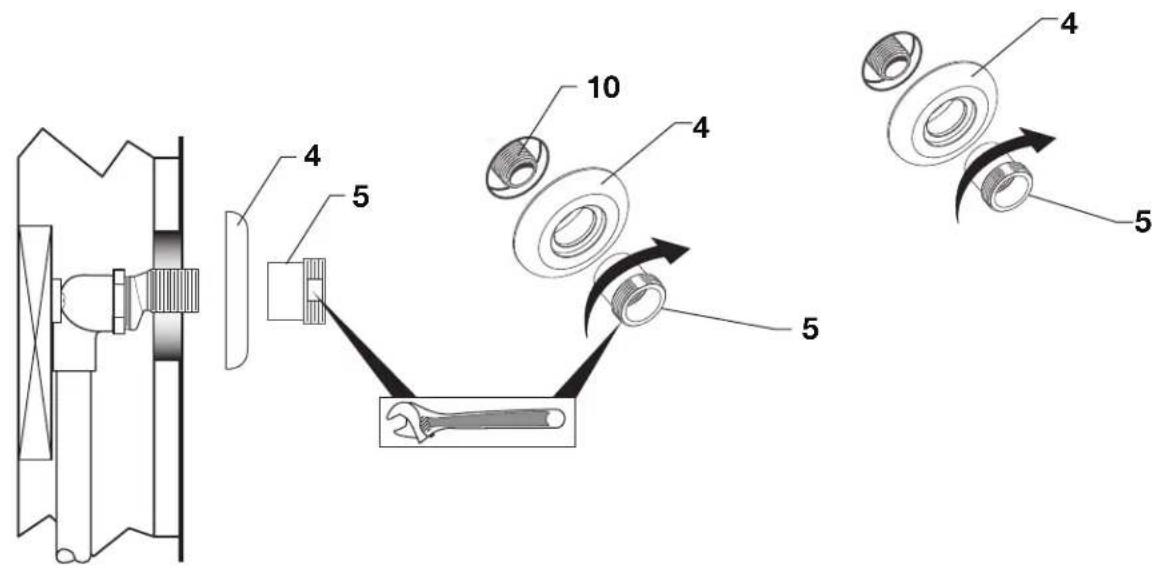 Technical diagram illustrating mechanical assembly steps with labeled components and motion arrows