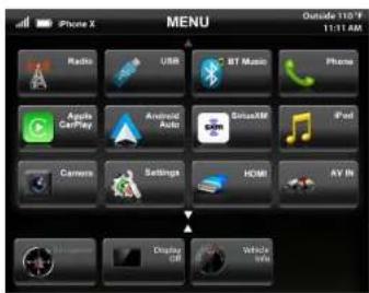 iPhone X MENU Outside 110°F 11:31 AM Radio USB BT Music Phone Apple CarPlay Android Auto SmartXM iPod Camera Settings HDMI AY IN Display Cell White VRs