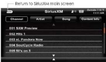 Return to SiriusXM main screen Channel Artist Song Content Info 001 SXM Preview 002 Hits 1 003 xL Pandora Now 004 SoulCycle Radio 005 50's on 5 SiriusXM Outside 11:07 11:11 AM