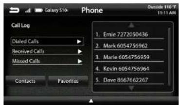 Phone Outside 110 °F 11:11 AM Call Log Diluted Calls Received Calls Missed Calls Contacts Favorites 1. Emie 7272050436 2. Mark 6054756962 3. Marie 6054756959 4. Kevin 6054756964 5. Dave 8667662267