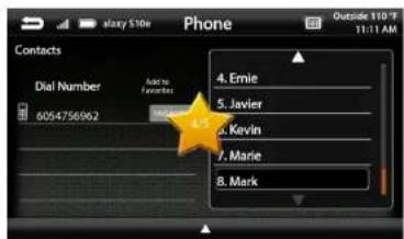 Contacts Dial Number 6054756962 Add to Favorites 4. Emie 5. Javier 6. Kevin 7. Marie 8. Mark Outside 110 °F 11:11 AM