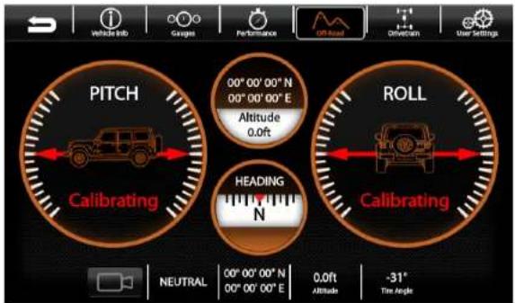 PITCH Calibrating 00° 00' 00" N 00° 00' 00" E Altitude 0.0ft ROLL Calibrating NEUTRAL 00° 00' 00" N 00° 00' 00" E 0.0ft Altitude -31° Tire Angle