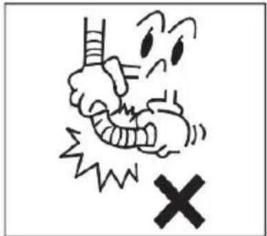 Cartoon illustration showing a person using a tool to trigger a collision, with a large 'X' symbol below.