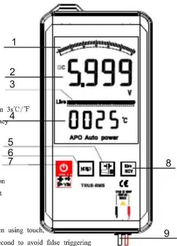 1 2 3 5.999 Live 0025 °C APO Auto power 8 9 in using touch, cond to avoid false triggering