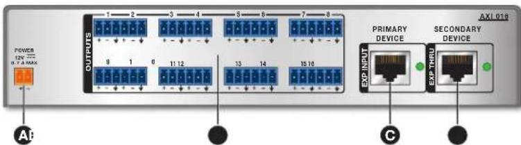 AX1018 OUTPUTS 1 2 3 4 5 6 7 8 9 1 6 11 12 13 14 15 16 POWER 12V 0.5A MAX EXP INPUT PRIMARY DEVICE SECONDARY DEVICE EXP THRU G AI