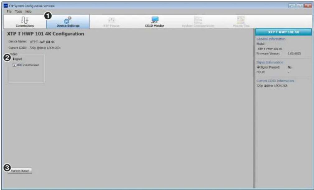 XTP System Configuration Software File Tools Help Connections Device Settings XTP Power CLSID Minder System Configurations Platform Help XTP T HWP 101 4K Configuration Device Name: XTP T HWP 101 4K Current EVID: 720p @6Hz LPCM-2Ch Video Input HDCP Authorized XTP T HWP 101 4K General Information Model: XTP T HWP 101 4K Hardware Version: 1.05.0025 Signal Information Signal Present: No HDCP: - Current EVID Information 720p @6Hz LPCM-2Ch Factors Reset