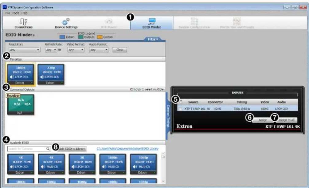 XTP System Configuration Software File Tools Help Connections Device Settings XTP Power EVID Minder EDID Minder + Editn EVID Legend Outputs Custom Filter + Resolutions: Refresh Rate: Video Format: Audio Format: Any Any Hz Any Clear Favorites 180bp @DRL HDM LPCM-2Ch Extron 720p @DRL HDM LPCM-2Ch Extron Connected Outputs Ctrl click to select multiple Receiver N/A N/A N/A N/A 4K @DRL HDM LPCM-2Ch Extron 4K @DRL HDM Multi-Ch Extron 2K @DRL HDM LPCM-2Ch Extron 100bp @DRL HDM Multi-Ch Extron 198bp @DRL HDM Multi-Ch Extron 100bp 100bp 100bp 100bp 100bp INPUTS Source Connector Timing Video Audio XTP T HWP 162.4K HOME 720p @60.4K HOME LPCM-2Ch Assign Assign to All Extron XTP T HWP 101.4K Available EVID Search by Options Add EVID to Library C:\Users\Public\Documents\Extron\EDID Library 100bp 100bp 100bp 100bp 100bp
