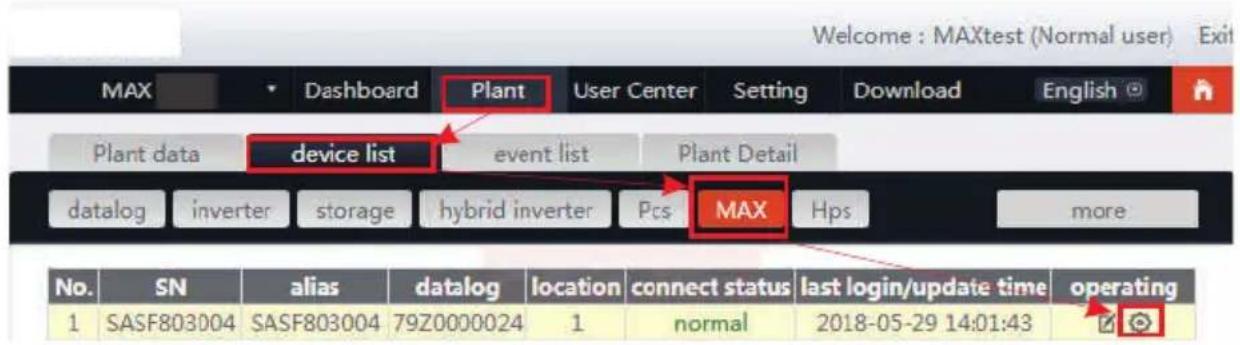 Welcome : MAXtest (Normal user) Exit MAX Dashboard Plant User Center Setting Download English Plant data device list event list Plant Detail datalog inverter storage hybrid inverter Pcs MAX Hps more No. SN alias datalog location connect status last login/update time operating 1 SASF803004 SASF803004 79Z0000024 1 normal 2018-05-29 14:01:43 ☑