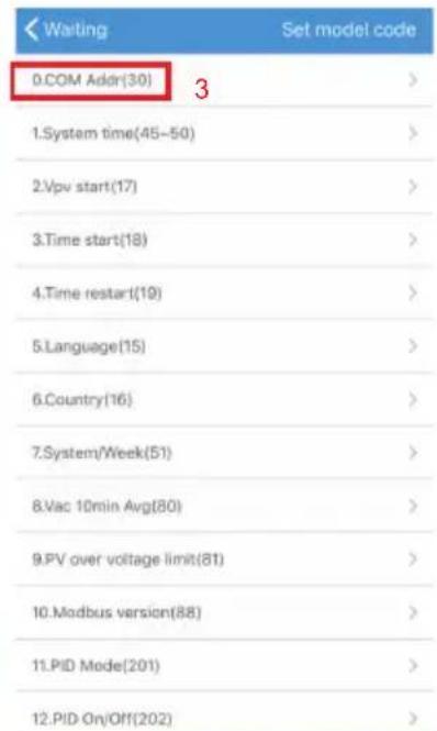 0.COM Ador(30) 1.System time(45-50) 2.Vpv start(17) 3.Time start(18) 4.Time restart(19) 5.Language(15) 6.Country(16) 7.System/Week(51) 8.Vac 10min Avg(80) 9.PV over voltage limit(81) 10.Modbus version(88) 11.PID Mode(201) 12.PID On/Off(202)