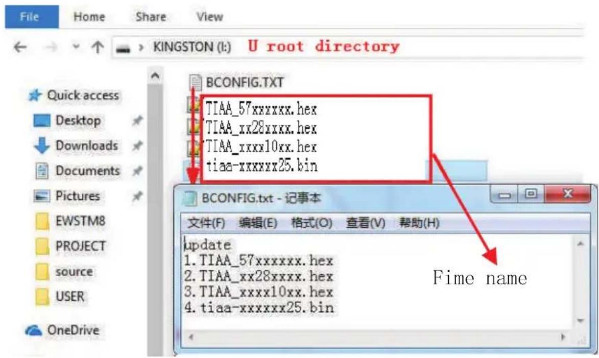 File Home Share View KINGSTON (L:) U root directory Quick access Desktop Downloads Documents Pictures EWSTM8 PROJECT source USER OneDrive BCONFIG.TXT TIAA_57xxxxxx.hex TIAA_xx28xxxx.hex TIAA_xxxx10xx.hex tiaa-xxxxxx25.bin BCONFIG.txt - 记事本 文件(F) 编辑(E) 格式(O) 查看(V) 帮助(H) update 1.TIAA_57xxxxxx.hex 2.TIAA_xx28xxxx.hex 3.TIAA_xxxx10xx.hex 4.tiaa-xxxxxx25.bin Fime name