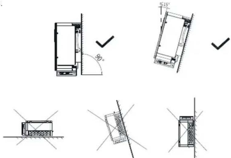 Technical diagram showing front and side views of a refrigerator with angle annotations and cross-sectional views