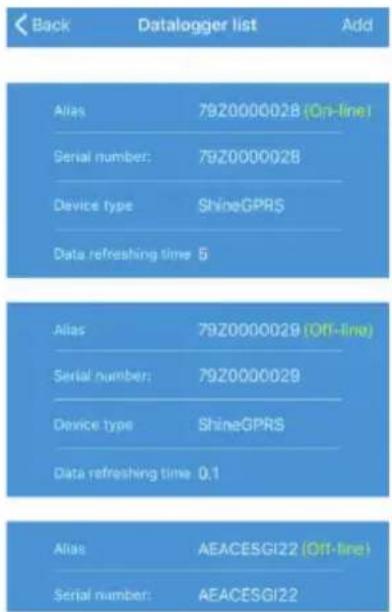 Back Datalogger list Add Alias 792000002B (On-line) Serial number: 7920000028 Device type ShineGPRS Data refreshing time 5 Alias 7920000029 (Off-line) Serial number: 7920000028 Device type ShineGPRS Data refreshing time 0.1 Alias AEACESGI22 (Off-line) Serial number: AEACESGI22