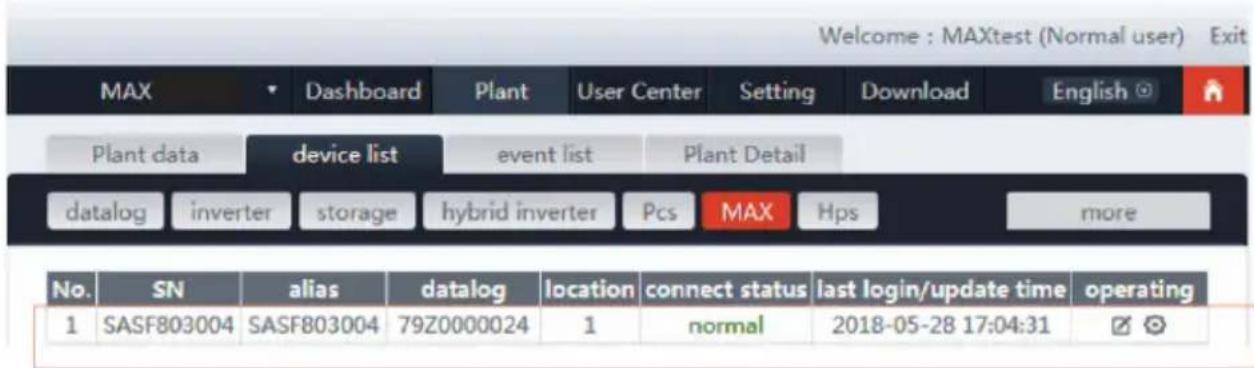 Welcome : MAXtest (Normal user) Exit MAX Dashboard Plant User Center Setting Download English Plant data device list event list Plant Detail datalog inverter storage hybrid inverter Pcs MAX Hps more No. SN alias datalog location connect status last login/update time operating 1 SASF803004 SASF803004 79Z0000024 1 normal 2018-05-28 17:04:31 ☑ ☑