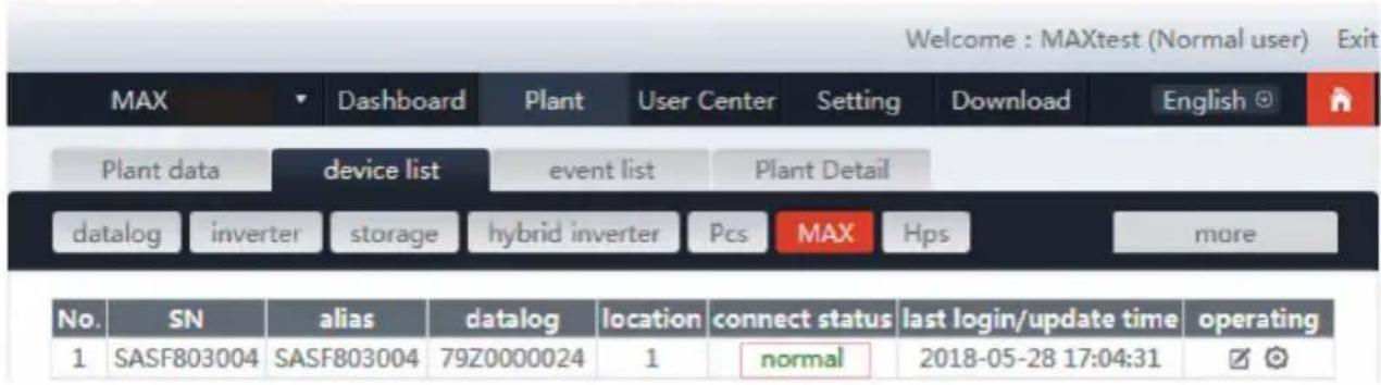 Welcome : MAXtest (Normal user) Exit MAX Dashboard Plant User Center Setting Download English Plant data device list event list Plant Detail datalog inverter storage hybrid inverter Pcs MAX Hps more No. SN alias datalog location connect status last login/update time operating 1 SASF803004 SASF803004 79Z0000024 1 normal 2018-05-28 17:04:31