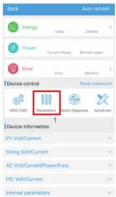Back Auto refresh Energy Today Lifetime Power Current Power Normal power Error Error Alerting Device control Reset password GRID CMD Parameters Smart Diagnosis Advanced Device Information PV Volt/Current String Volt/Current AC Volt/Current/Power/Freq PID Volt/Current Internal parameters