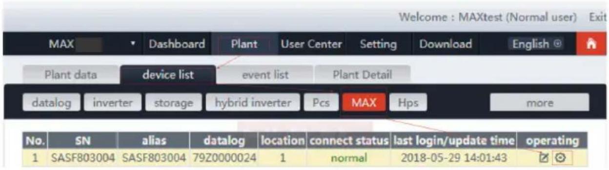 Welcome : MAXtest (Normal user) Exit MAX Dashboard Plant User Center Setting Download English Plant data device list event list Plant Detail datalog inverter storage hybrid inverter Pcs MAX Hps more No. SN alias datalog location connect status last login/update time operating 1 SASF803004 SASF803004 79Z0000024 1 normal 2018-05-29 14:01:43