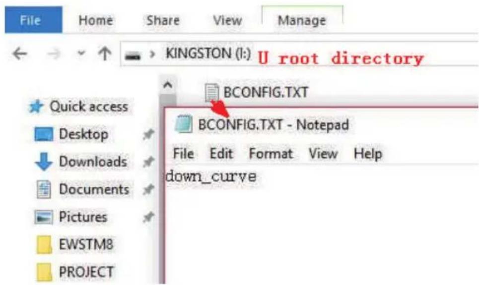 File Home Share View Manage KINGSTON (I:) U root directory Quick access Desktop Downloads Documents Pictures EWSTM8 PROJECT BCONFIG.TXT BCONFIG.TXT - Notepad File Edit Format View Help down_curve