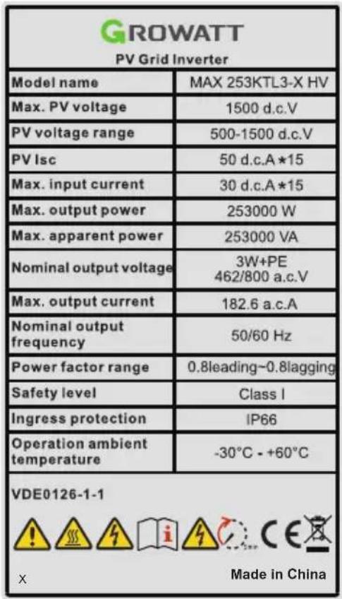 GROWATT PV Grid Inverter Model name MAX 253KTL3-X HV Max. PV voltage 1500 d.c.V PV voltage range 500-1500 d.c.V PV Isc 50 d.c.A*15 Max. input current 30 d.c.A*15 Max. output power 253000 W Max. apparent power 253000 VA Nominal output voltage 3W+PE 462/800 a.c.V Max. output current 182.6 a.c.A Nominal output frequency 50/60 Hz Power factor range 0.8leading-0.8lagging Safety level Class I Ingress protection IP66 Operation ambient temperature -30°C - +60°C VDE0126-1-1 x Made in China