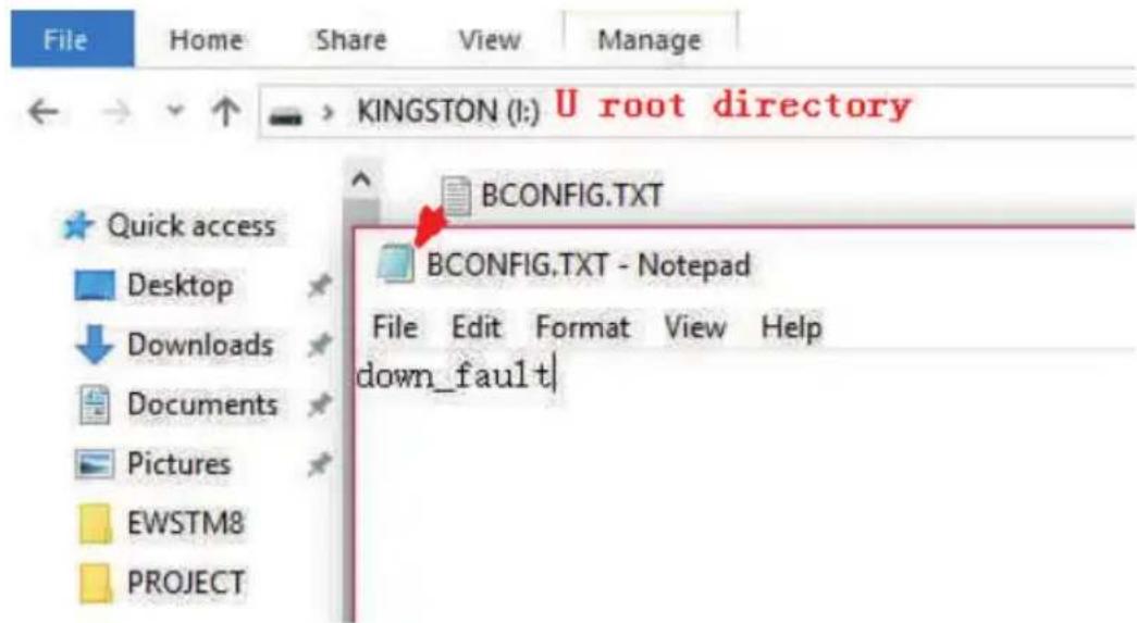 File Home Share View Manage KINGSTON (I:) U root directory Quick access Desktop Downloads Documents Pictures EWSTM8 PROJECT BCONFIG.TXT BCONFIG.TXT - Notepad File Edit Format View Help down_fault
