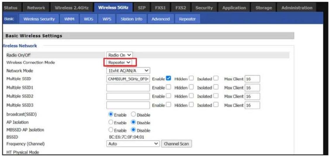 Basic Wireless Settings Wireless Network Radio On/Off Wireless Connection Mode Network Mode Radio On Repeater 11vht AC/AN/A Multiple SSID CAMBIUM_5GHz_0F0* Enable ✓ Hidden □ Isolated □ Max Client 16 Multiple SSID1 Enable □ Hidden □ Isolated □ Max Client 16 Multiple SSID2 Enable □ Hidden □ Isolated □ Max Client 16 Multiple SSID3 Enable □ Hidden □ Isolated □ Max Client 16 broadcast(SSID) ● Enable ○ Disable ○ Enable ● Disable ○ Enable ● Disable BSSID BC:E6:7C:0F:04:01 Frequency (Channel) Auto ▼ Channel Scan HT Physical Mode