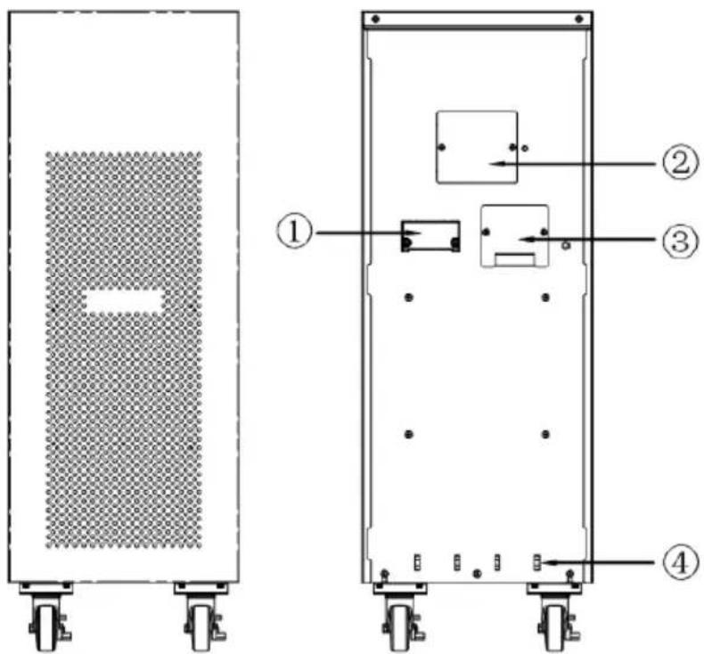 Technical diagram showing two views of a device with labeled components, including a mesh panel and internal compartments.