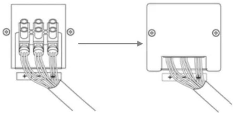 Diagram showing cable connection between two electronic connectors with polarity indicators and wiring labels