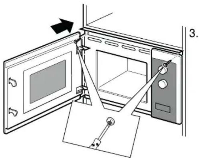 Diagram of a microwave oven with labeled parts and directional arrows indicating assembly or installation steps