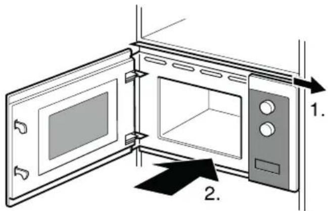 Diagram of a microwave oven with labeled parts and directional arrows indicating open and closed doors.