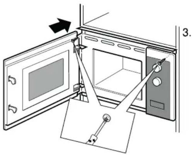 Diagram showing a microwave oven with labeled parts and directional arrows indicating assembly or installation steps.