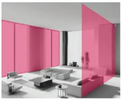 Modern living room interior with pink accent wall panels and minimalist furniture (no text or symbols)