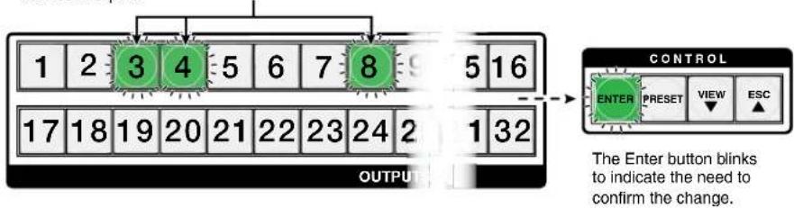 1 2 3 4 5 6 7 8 5 16 17 18 19 20 21 22 23 24 2 1 32 OUTPUT CONTROL ENTER PRESET VIEW ESC The Enter button blinks to indicate the need to confirm the change.