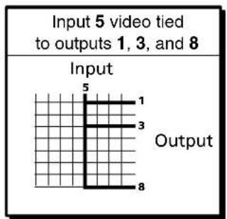 Input 5 video tied to outputs 1, 3, and 8 Input 5 1 3 Output 8