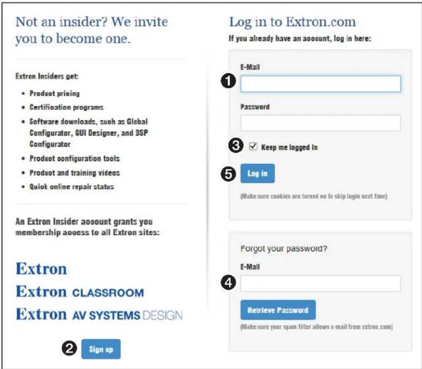 Not an insider? We invite you to become one. Log in to Extron.com If you already have an account, log in here: Extron Insiders get: • Product pricing • Certification programs • Software downloads, such as Global Configurator, GUI Designer, and DSP Configurator • Product configuration tools • Product and training videos • Quick online repair status An Extron Insider account grants you membership access to all Extron sites: Extron Extron CLASSROOM Extron AV SYSTEMS DESIGN ② Sign up ① E-Mail Password ③ Keep me logged In ⑤ Log in (Make sure cookies are turned on to skip login next time) ④ Forgot your password? E-Mail Retrieve Password (Make sure your spam filter allows e-mail from extron.com)
